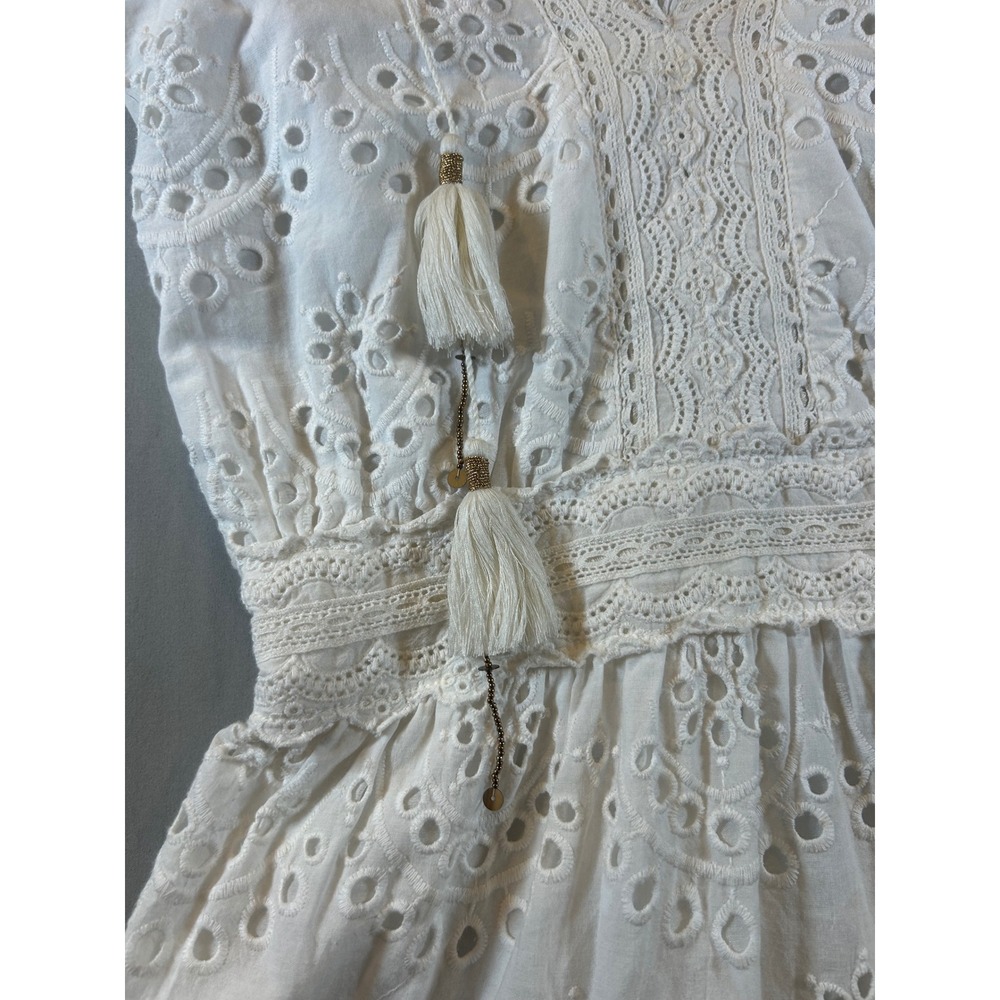 Bell by Alicia Bell White Cotton Eyelet Smocked Mini Dress Tassel Boho Small - Picture 3 of 8